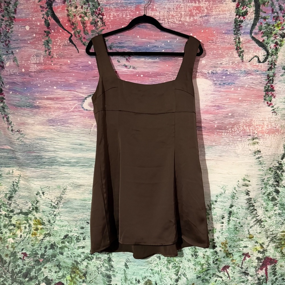 Urban Outfitters Brown Satin Tie Back Mini Dress Square Neck Womens Large
